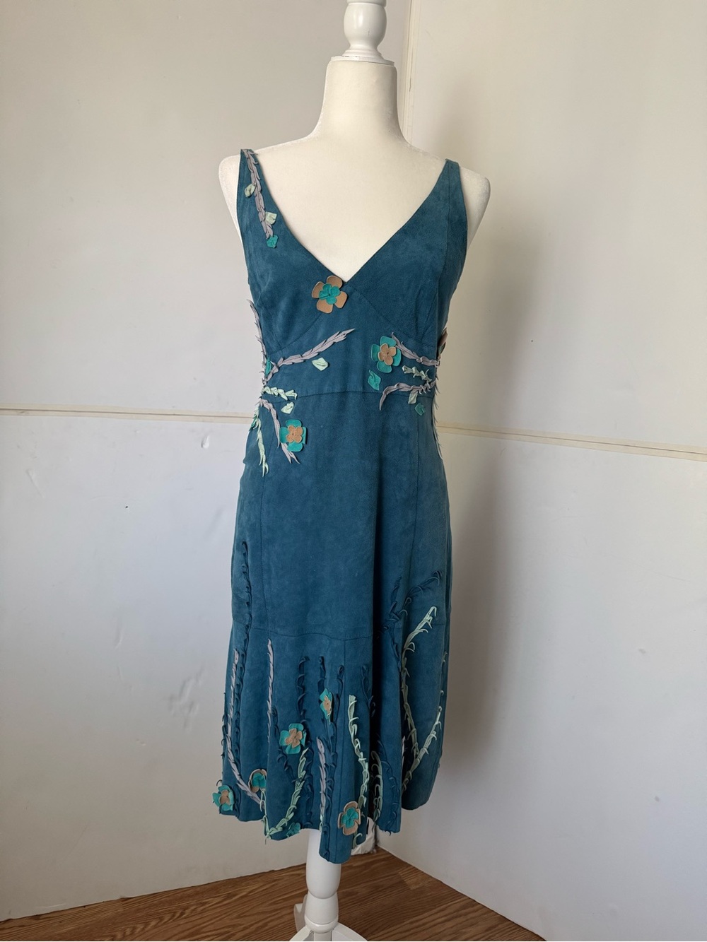 Patricia Viera Teal Floral Suede Midi Dress